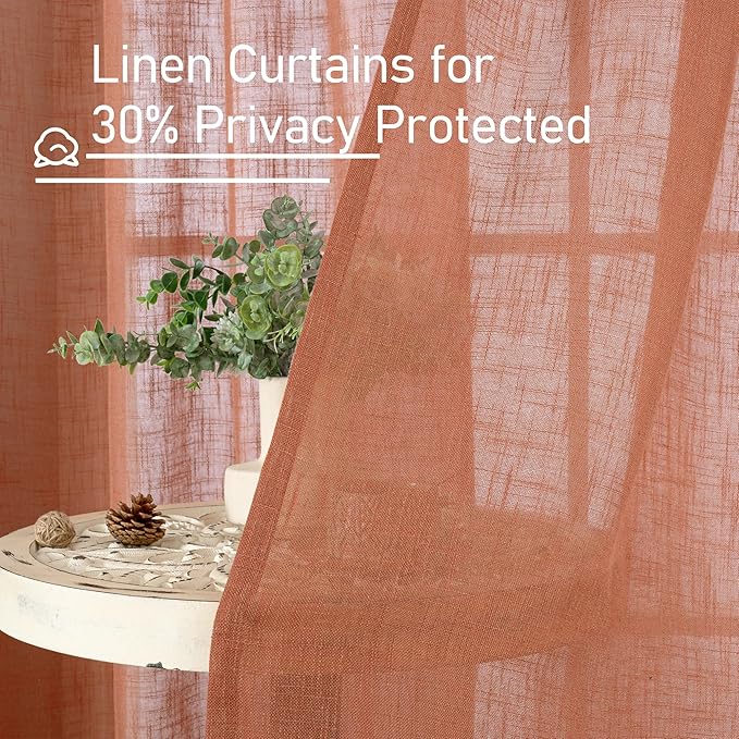 LAMIT 54 Inch Semi Sheer Window Linen Curtains, Light Filtering Panels Back Tab and Rod Pocket Neutral Drapes for Bedroom/Living Room, Terracotta, 2 Panels, 34 x 54 Inch