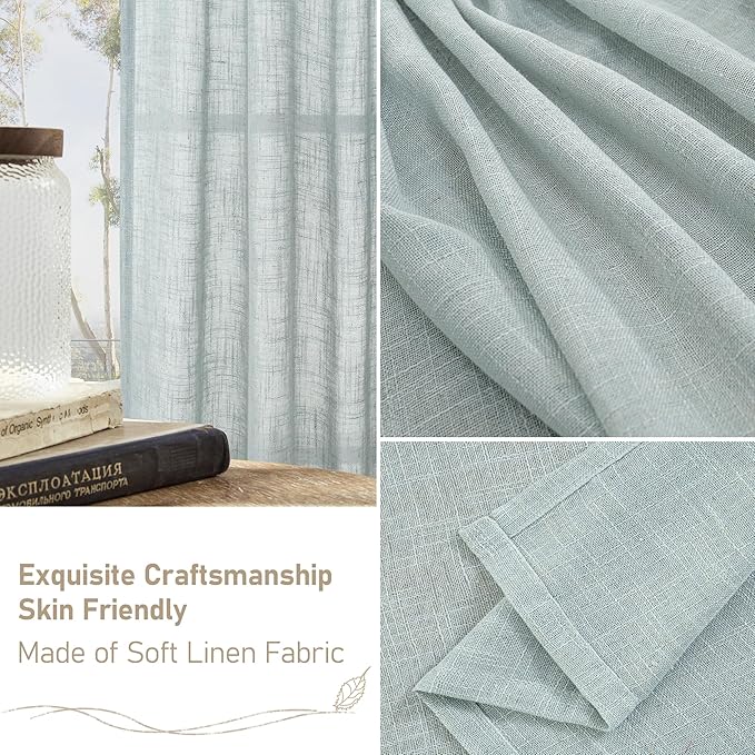 LAMIT Light Filtering Linen Curtains 68 inches Long for Bedroom, Faux Linen Textured Semi Sheer Back Tab and Rod Pocket Modern Drapes for Living Room/Farmhouse, Greyish Blue, 2 Panels, 52 x 68 Inch