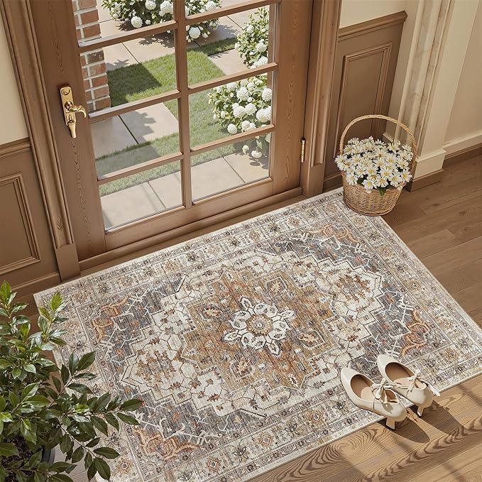 Madane Washable Entry Rug 3x4, Area Rugs for Entryway Kitchen Bathroom Door Mat Indoor Entrance, Vintage Floral Print Office Runner with Non Slip Rubber Backing, Turmeric/Grey