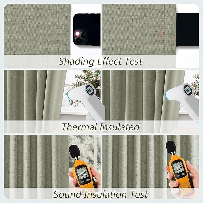 Sage Green 100% Blackout Linen Curtains 144 Inch Length 2 Panels Set for Living Room Bedroom Back Tab Thermal Insulated Black Out Drapes Room Darkening Farmhouse Style for Bedroom Window Curtains