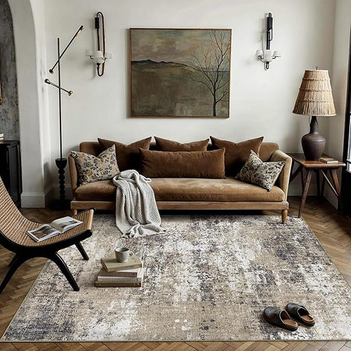 3x5 Abstract Area Rug Brown Washable Modern Neutral Office Carpet Non Slip Ultra Soft Indoor Entry Low Pile Small Door Mat Bedroom Contemporary Throw Rug for Kitchen Laundry Dinging Room