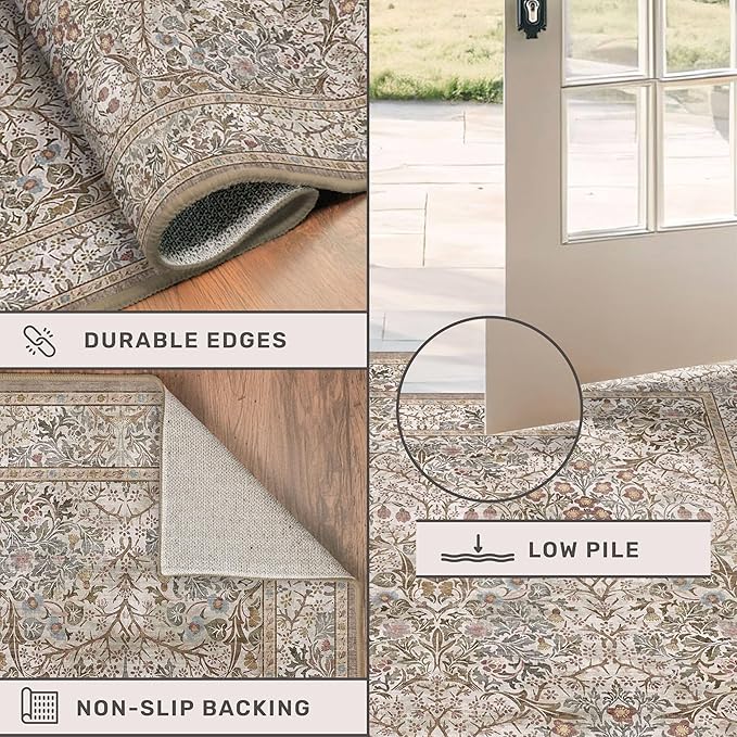 Washable Living Room Rug 10x12 - Moss Green Oriental Area Rug for Dining Room Under Table, Low Pile Non-Slip Floor Carpet for Bedroom Under Bed - Vintage Earthy Design & Stain Resistance