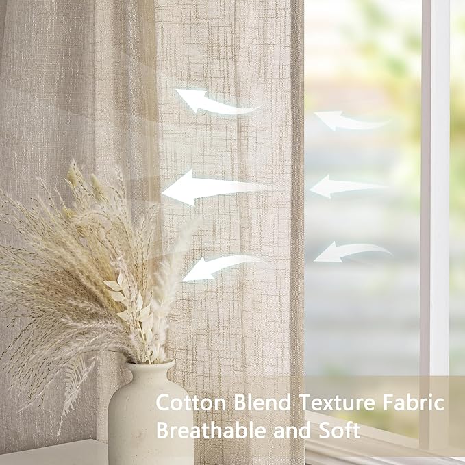 MYSKY HOME Cotton Curtains for Living Room Farmhouse Semi Sheer Light Filtering for Windows, Linen Look Texture Soft Modern Decor Country Style, 50" x 80", Light Oatmeal, 2 Panels