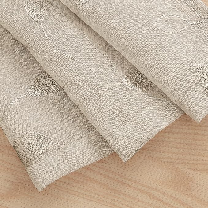 HOMEIDEAS Taupe Sheer Kitchen Curtains 52 x 45 Inch Length 2 Panels Beige Embroidered Leaf Pattern Short Curtains for Bedroom Half Small Window Rod Pocket Tiers