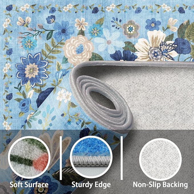 Living Room Rugs, Area Rugs 5x7 Rug for Bedroom Ultra-Thin Soft, Non-Slip Washable Rugs Stain Resistant Boho Rug Low-Pile Throw Rug for ‎Dining Room Office (5 x 7, Blue Garden)