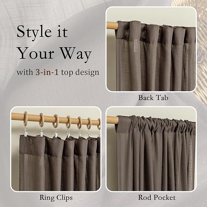 MYSKY HOME Dark Brown Sheer Curtains 63 inch Length Semi Sheer Curtains for Bedroom Light Filtering Short Window Treatment Privacy Protect Boho Farmhouse Soft Drapes Set, Back Tab, 50" Wide, 2 Pieces