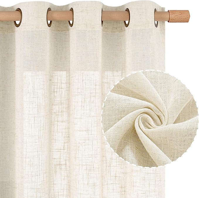LAMIT 68 Inch Semi Sheer Linen Curtains for Bedroom 2 Panels, Cream Ivory Light Filtering Window Drapes Bronze Grommet Neutral Boho Panels for Living Room/Farmhouse, 52 x 68 Inch