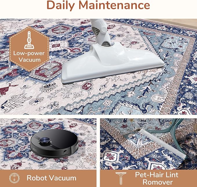 OPPODREAM Soft Area Rugs 3x5, Washable Rugs with Non Slip Backing, Low-Pile Throw 3x5 Carpet, Faux Cashmere 3 x 5 Carpet, Navy Blue & Red & Cream
