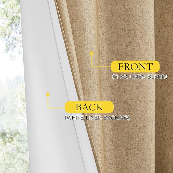 NICETOWN 100% Absolutely Blackout Linen Curtains with Thermal Insulated White Liner, Camel, W34 x L70, 2 Panels, Long Curtains 70 inch Length for Patio Door, Doorway, Office, Overnight Shiftworker
