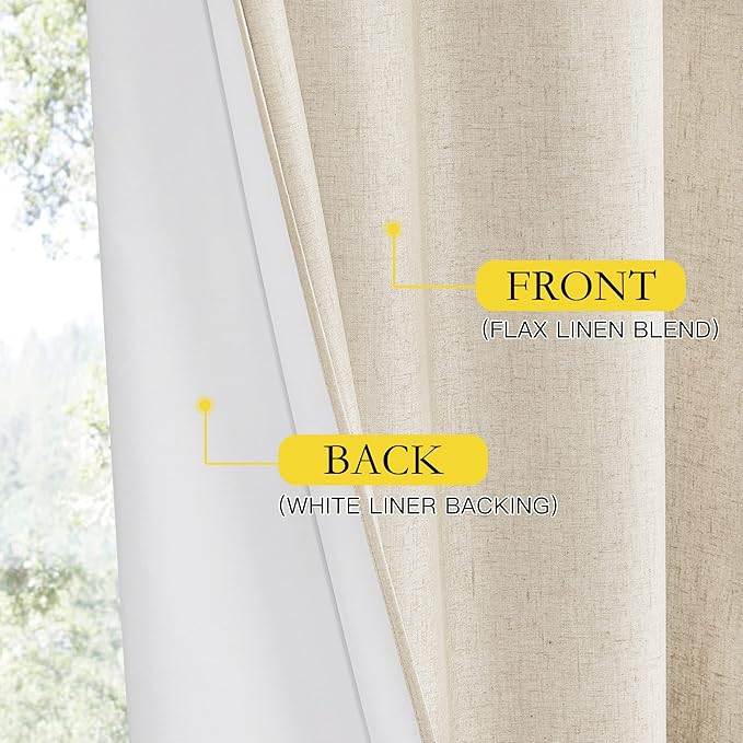 NICETOWN 100% Absolutely Blackout Linen Curtains with Thermal Insulated White Liner, 52" W, 2 PCs, Beige, 95" Long Drapes Sweep The Floor Decorative Keep Privacy Panels for Living Room/Villa/Bedroom