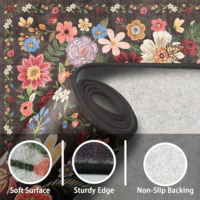 Black/Brown Area Rugs 10x14 Living Room, Non Slip Machine Washable Floral Rugs, Low Pile Lightweight Large Rug for Bedroom, Dining Room, Home Office(10 x 14, Black/Brown)