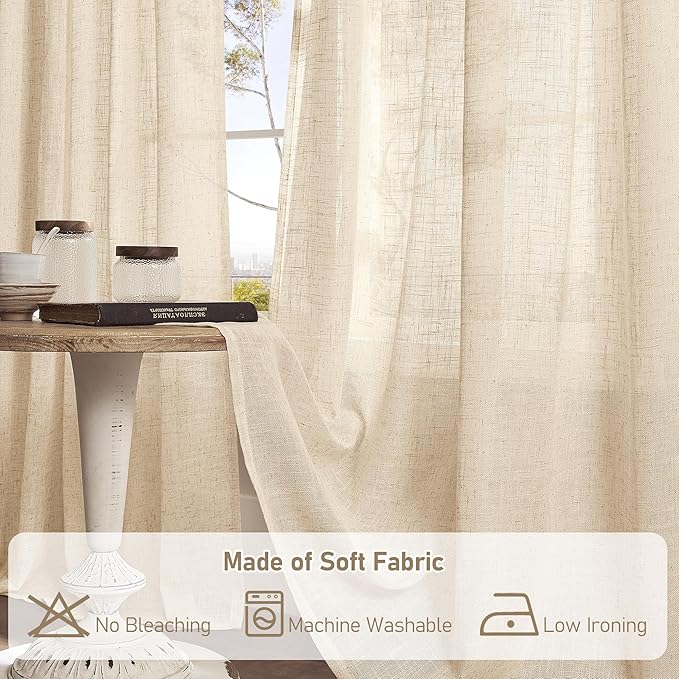 LAMIT Natural Linen Curtains 90 Inch for Living Room, Back Tab and Rod Pocket Linen Textured Sheer Curtains Light Filtering Curtains for Bedroom/French Door, Set of 2, 52 x 90 Inch, Linen