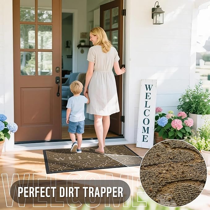 Yimobra Welcome Mat Outdoor Indoor 29.5x17, All-Weather Waterproof Outdoor Mats for Front Door, Non-Slip Low Profile Porch Patio Doormat, Coffee