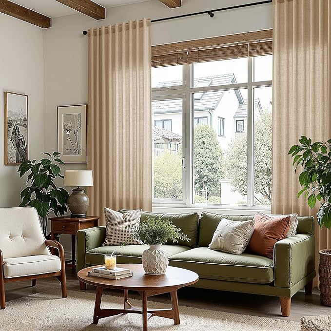 Nanspring Sand Beige Linen Curtains 84 Inch Length for Living Room Luxury Home Decor Light Filtering Semi Sheer Curtain Back Tab Simple Modern Privacy Burlap Drapes for Bedroom 52x84, 2 Panels