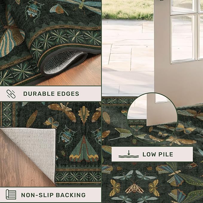 Dark Green 4x6 Washable Area Rug for Living Room, Bedroom, Large Entryway, Kitchen, Ultra Soft Non Slip Stain Resistance, Floral Forest with Brown Aethestic Design
