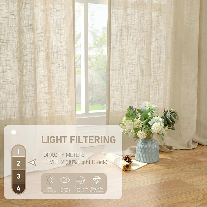 LAMIT Light Filtering Linen Curtains 84 inches Long for Bedroom, Linen Textured Semi Sheer Back Tab and Rod Pocket Natural Boho Drapes for Living Room/Farmhouse, 2 Panels, Linen, 42 x 84 Inch