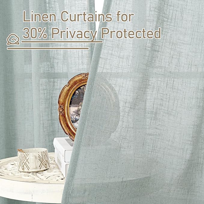 LAMIT Short Linen Curtains 40 Inches Long for Small Window, Bronze Grommet Linen Drapes Light Filtering Sheer Window Curtains for Kitchen, Set of 2 Panels (34 x 40 Inch, Greyish Blue)
