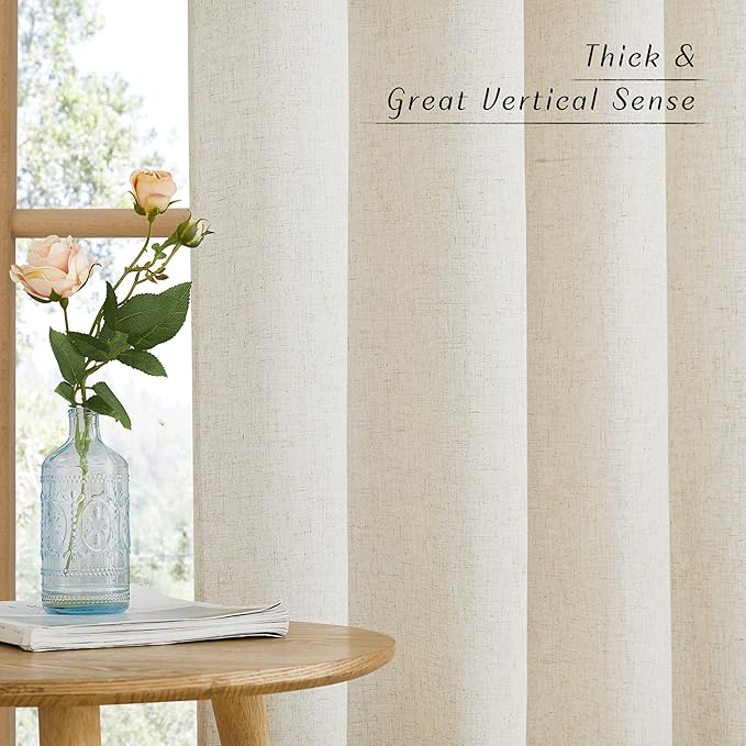 NICETOWN Thick Linen Blend Curtains Flax Textured for Bedroom, Rustic Grommet Semi Sheer Privacy Added Window Curtains & Drapes Light Filtering for Nursery, Natural, W34 x L63, Set of 2