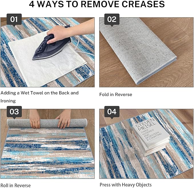 Lansny Modern Abstract Runner Rug 3x14, Blue Washable Long Kitchen Runner Non-Slip Soft Hallway Rug Runner Ultra Thin Print Faux Wool Carpet for Entryway Bedroom Laundry Room Indoor Home Decor