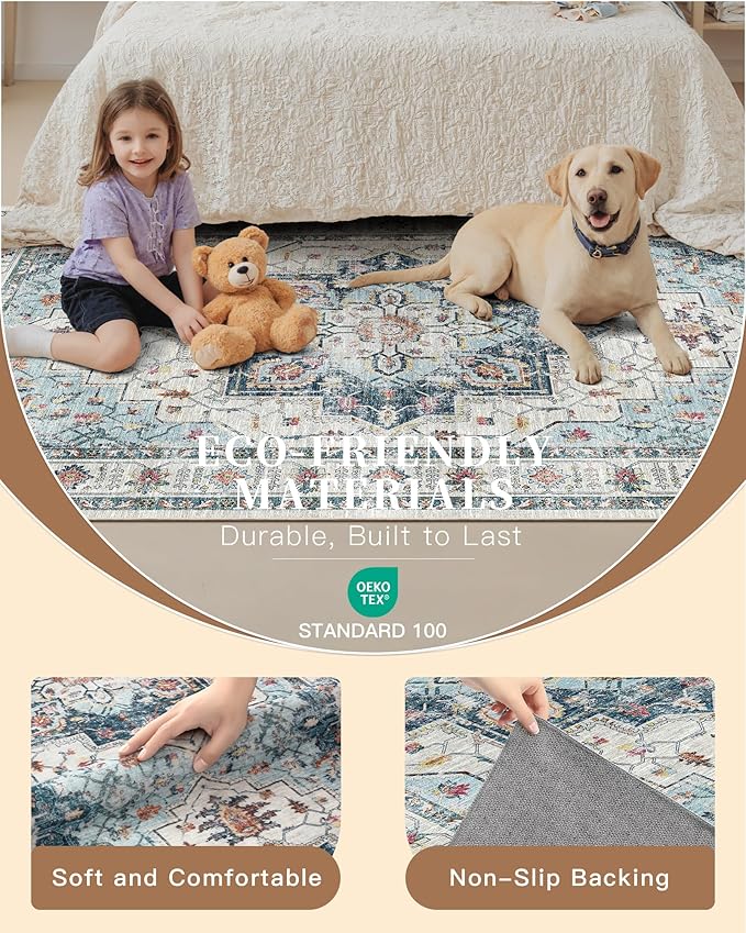 Madane Hallway Runner Rug 2'6''x10' Kitchen Runner, Non Slip Vintage Runners for Hallways Washable Kitchen Rugs Soft Low Pile 2.5x10 ft Rug Runner for Laundry Room, Entryway and Bedroom, Blue
