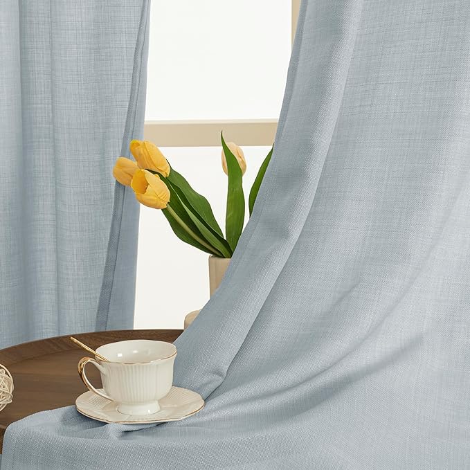 LAMIT Linen Curtains 90 Inch for Bedroom, Grommet Thick Linen Textured Sheer Curtains Light Filtering Privacy Window Drapes for Living Room, Set of 2 Panels, 52 x 90 Inch, Haze Blue