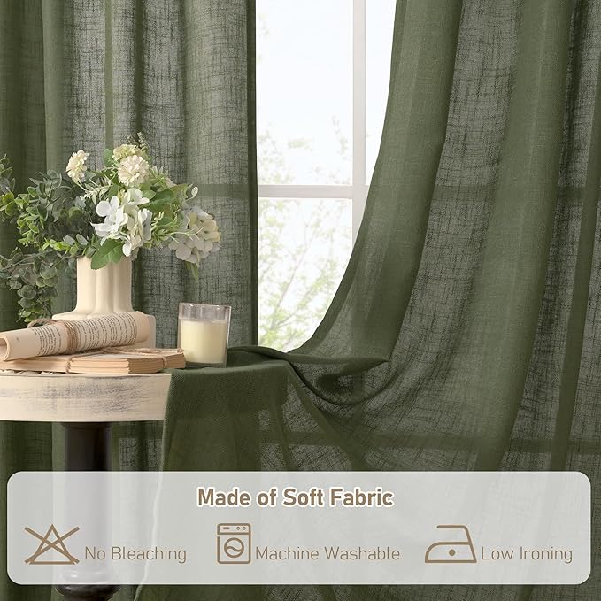 LAMIT Extra Wide Linen Curtains for Bedroom, Olive Green Light Filtering Faux Linen Textured Panels Semi Sheer Back Tab and Rod Pocket Boho Drapes for Living Room, 2 Panels, 60 x 84 Inch