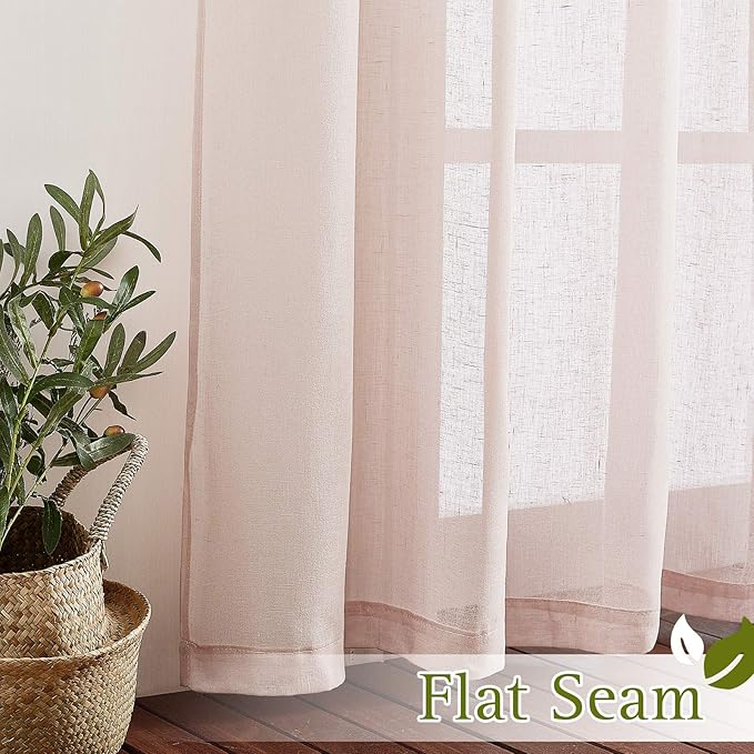 NICETOWN Semi Sheer Rich Linen Curtains Flax Texture, Grommet Vertical Thick Enough to Keep Privacy Sheer Window Treatment for Girl's/Princess Bedroom, W52 x L45, 1 Pair, Dusty Blush