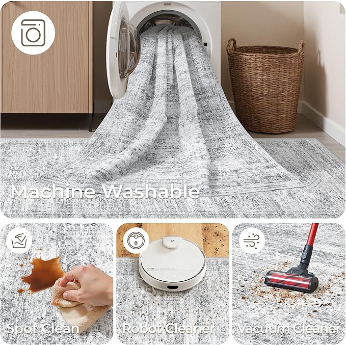 3x8 Runner Rug Non Slip Washable for Entryway, Vintage Hallway Runner for Front Porch, Laundry Room, Bedroom, Abstract Stain Resistant Thin Indoor Kitchen Mats for Floor(3'x8', Grey/Ivory)