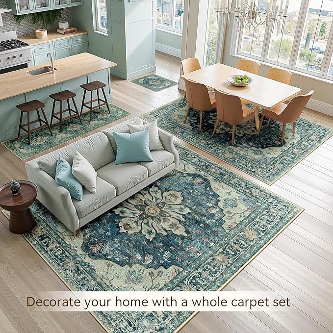 Area Rugs 5'x8' Washable Non-Slip, Floral Vintage Distress Print Pattern Medallion Carpet for Living Room Bedroom Dining Room, Dark Blue Vintage