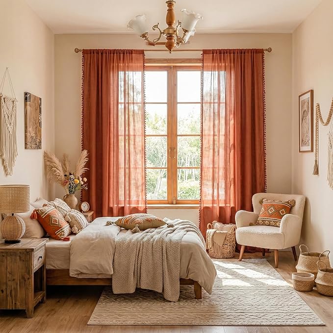 MYSKY HOME Bohemian Farmhouse Ceiling Curtains with Macrame for Living Room,Semi Sheers Light Filtering Privacy Protect Window Treatments Decor Back Tab,50" W×96" L,Terracotta，2 Panels