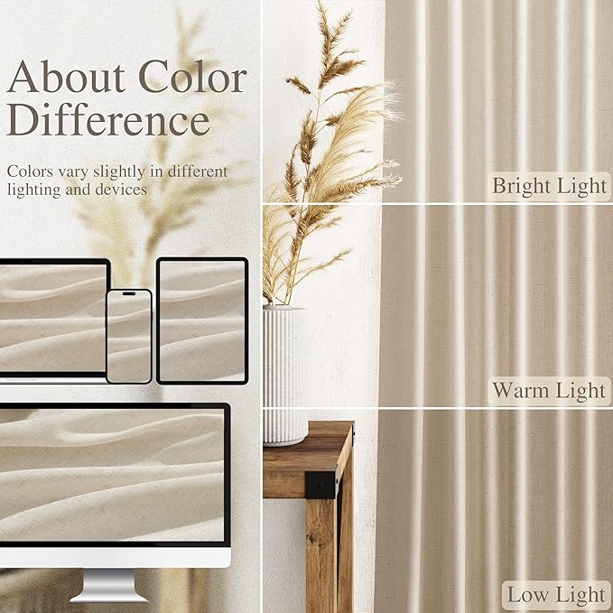 Nanspring Living Room Curtains 63 Inch Length Linen Birch Beige Luxury Light Filtering Semi Sheer Curtain Back Tab Modern Farmhouse Decor Elegant Coastal Drapes for Bedroom Office 52x63, 2 Panels