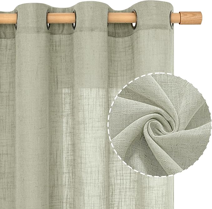 LAMIT 95 Inches Long Sheer Linen Curtains for Living Room 2 Panels, Light Filtering Country Rustic Drapes Farmhouse Window Treatment with Bronze Grommet for Bedroom, Sage Grey, 52 x 95 Inch