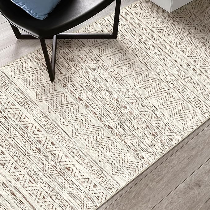 4x8 Washable Hallway Runner Rug：Moroccan Non-Slip Wide Runners for Entryway Kitchen Soft Modern Geometric Low-Pile Rugs for Living Room Thin Waterproof Carpet for Bedroom Bathroom Laundry(Beige,4x8)