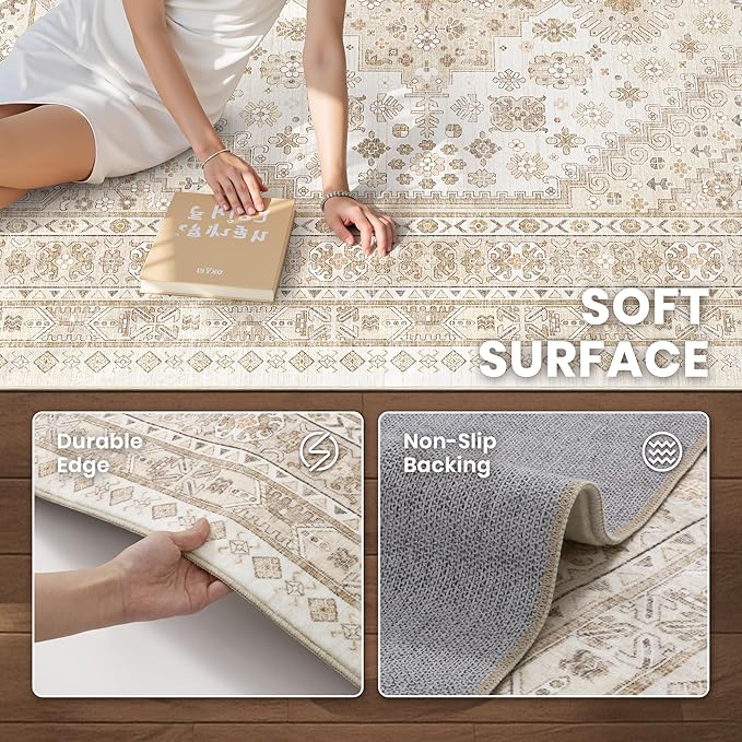 zesthome 3x5 Rug Ultra Soft Washable Rug, Non Slip Area Rug Indoor Entrance, Stain Resistant Rugs for Living Room Bedroom, Vintage Home Decor Area Rugs (Cream/Beige,3'x5')