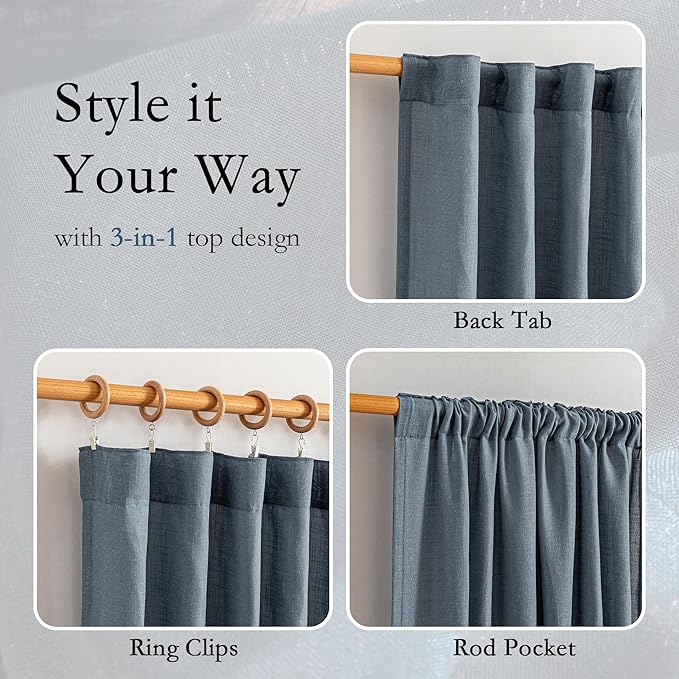 MYSKY HOME Short Semi Sheer Blue Curtains for Bedroom 63 Inches Long Light Filtering Privacy Drapes for Small Window Boho Home Decor Curtain for Dining Room, 50" x 63", Dusty Blue, 2 Pieces