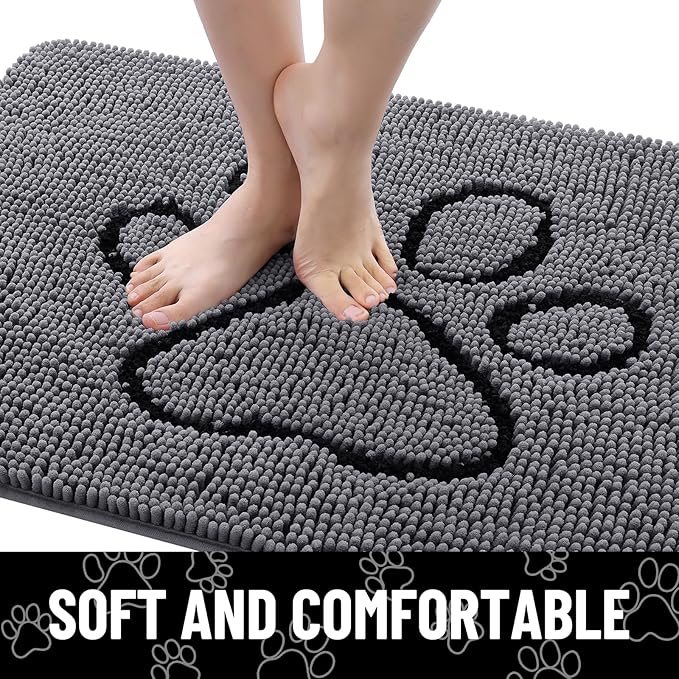 Smiry Dog Door Mat for Muddy Paws, Absorbent Dirt Trapper Non Slip Quick Dry Washable Chenille Mat for Mud Dogs, Entry Rug for Indoor and Outdoor (48x30 Inches, Dark Grey and Black)