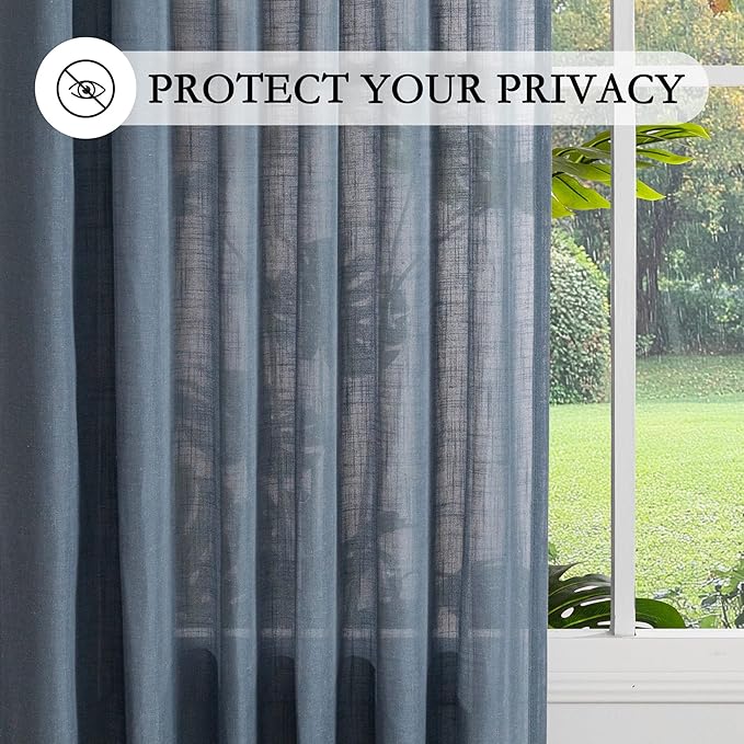 MYSKY HOME Extra Long Sheer Curtains Farmhouse, Sliding Door Curtain for Living Room Light Filtering Privacy Protect Soft Linen Blend Back Tab Window Drapes, 50" x 108", Dusty Blue, 2 Panels