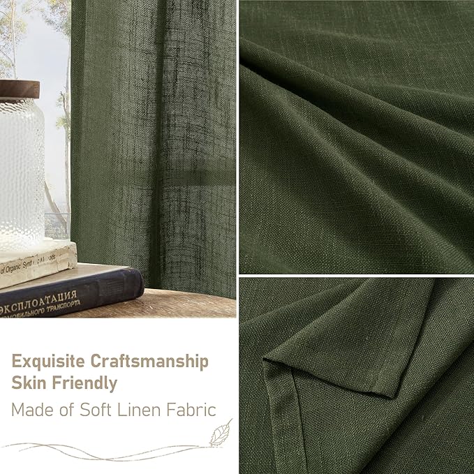 LAMIT Semi Sheer Linen Curtains 48 Inch Length, Light Filtering Panels Bronze Grommet Boho Neutral Christams Window Drapes for Kitchen/Short Windows/Cafe, Olive Green, 34 x 48 Inch, 2 Panels