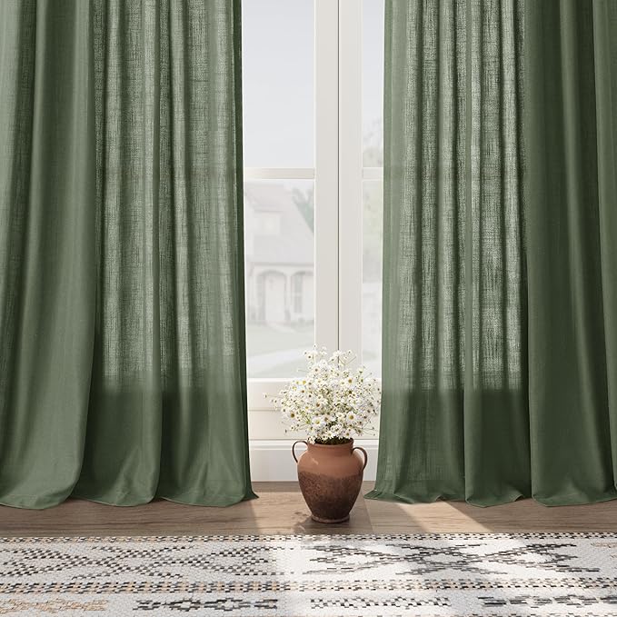 Nanspring Olive Green Linen Sheer Curtains for Living Room 2 Panels Set 98 Inch Length Back Tab Light Filtering & Breathability Semi Sheer Curtain Drapes for Bedroom 52x98