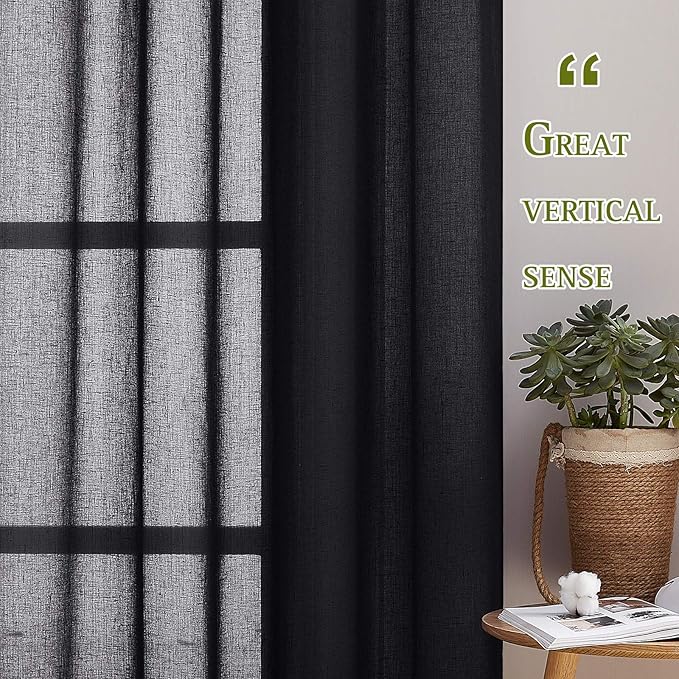 NICETOWN Black Semitransparent Sheer Curtains for Windows, Grommet Linen Blend Flax Durable Sheer Window Drapes Privacy Light Reducing Panels for Bedroom/Guest Room, W52 x L63, 2 Panels