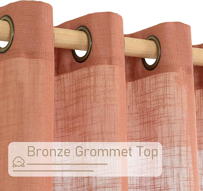 LAMIT Linen Sheer Curtains 95 inch for Living Room, Soft Thick Light Filtering Boho Window Textured Neutral Drapes with Bronze Grommet for Bedroom/Farmhouse, 2 Panels, 52 x 95 Inch, Terracotta
