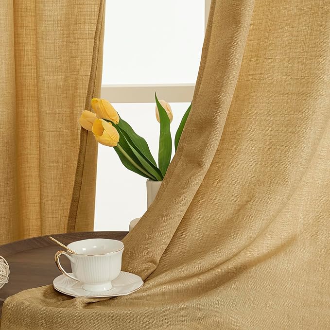 LAMIT Caramel Brown Linen Curtains 54 Inch for Bedroom, Grommet Thick Linen Textured Burlap Curtains Light Filtering Privacy Window Treatments Drapes for Living Room, Set of 2 Panels, 52 x 54 Inch