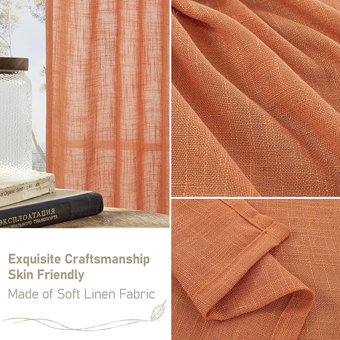 LAMIT Burnt Orange Linen Curtains 40 Inches Long for Windows, Bronze Grommet Semi Sheer Privacy Panels Light Filtering Boho Farmhouse Neutral Drapes for Bedroom/Living Room, 34 x 40 Inch, 2 Panels