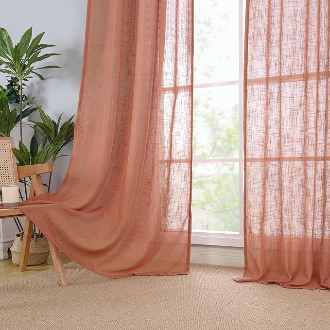 LAMIT Terracotta Linen Curtains for Living Room 84 inch Length 2 Panels, Light Filtering Semi Sheer Panels Back Tab and Rod Pocket Boho Drapes for Bedroom/Farmhouse, 38 x 84 Inch