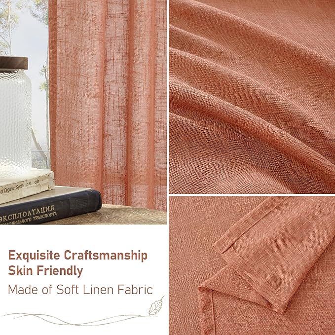 LAMIT Terracotta Linen Curtains 63 inch Length 2 Panels for Living Room, Bronze Grommet Soft Semi Sheer Light Filtering Window Treatments Neutral Fall Decor Drapes for Bedroom, 52 x 63 Inch