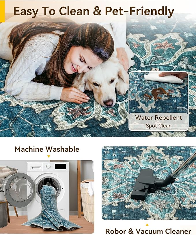 Area Rugs 6'x9' Washable Non-Slip, Floral Vintage Distress Print Pattern Medallion Carpet for Living Room Bedroom Dining Room, Teal Green Lake Blue Turquoise