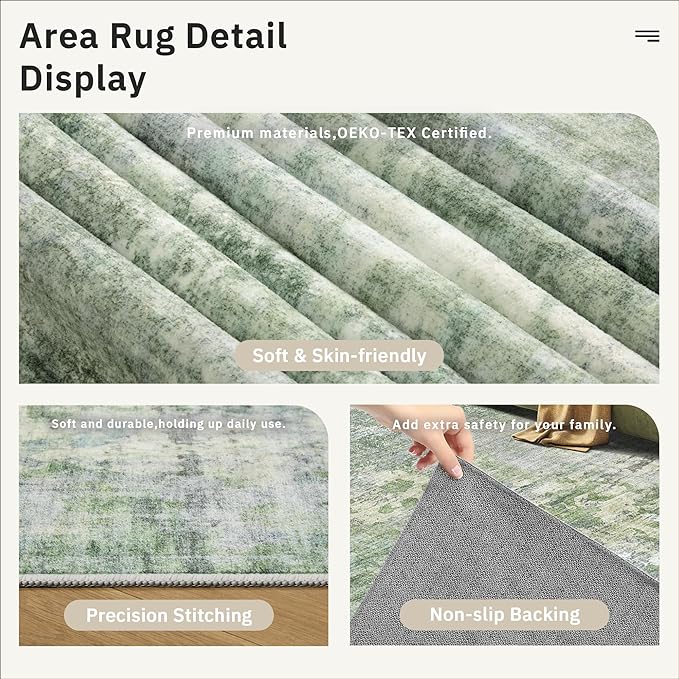 Soalmost Area Rugs 4x6 for Living Room, Vintage Washable Rugs for Dining Room, Kitchen, Non-Slip Area Rug Green Ivory