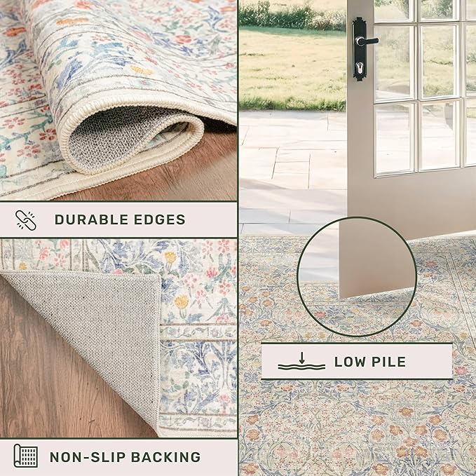 Washable Bathroom Rugs, Non-Slip Small Throw Rug for Entryway, Front Door Indoor, Mudroom, Kitchen, Powder Room, Stain Resistant Vintage Floral Décor (2x3 Beige Blue)