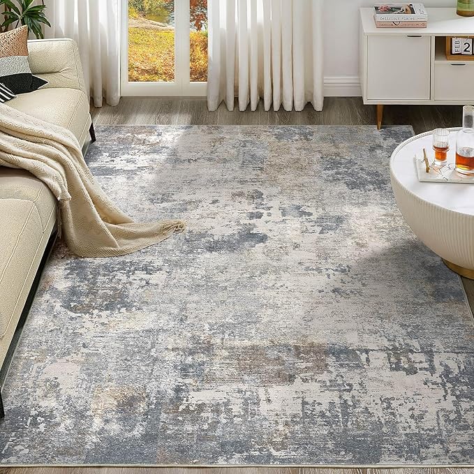 UERMEI 6x9 Area Rug Living Room Rugs - Washable Neutral Modern Abstract Soft Thin Large Rug Indoor Floor No Slip Rug Carpet for Bedroom Under Dining Table Home Office Decor - Blue Grey