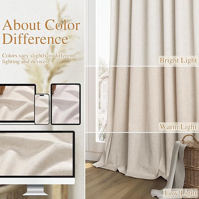 Guken 100% Blackout Linen Curtains 63 Inch Length 2 Panels Set for Living Room Bedroom Back Tab Thermal Insulated Black Out Drapes Room Darkening Farmhouse Style for Bedroom Window Curtains 40 Wide